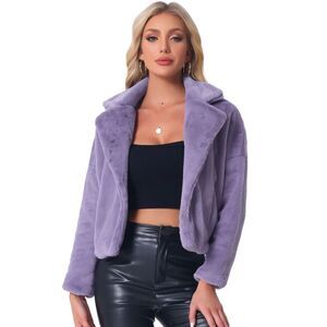 Cropped Jacket Notch Lapel Faux Fur Fluffy Coat Grey Purple